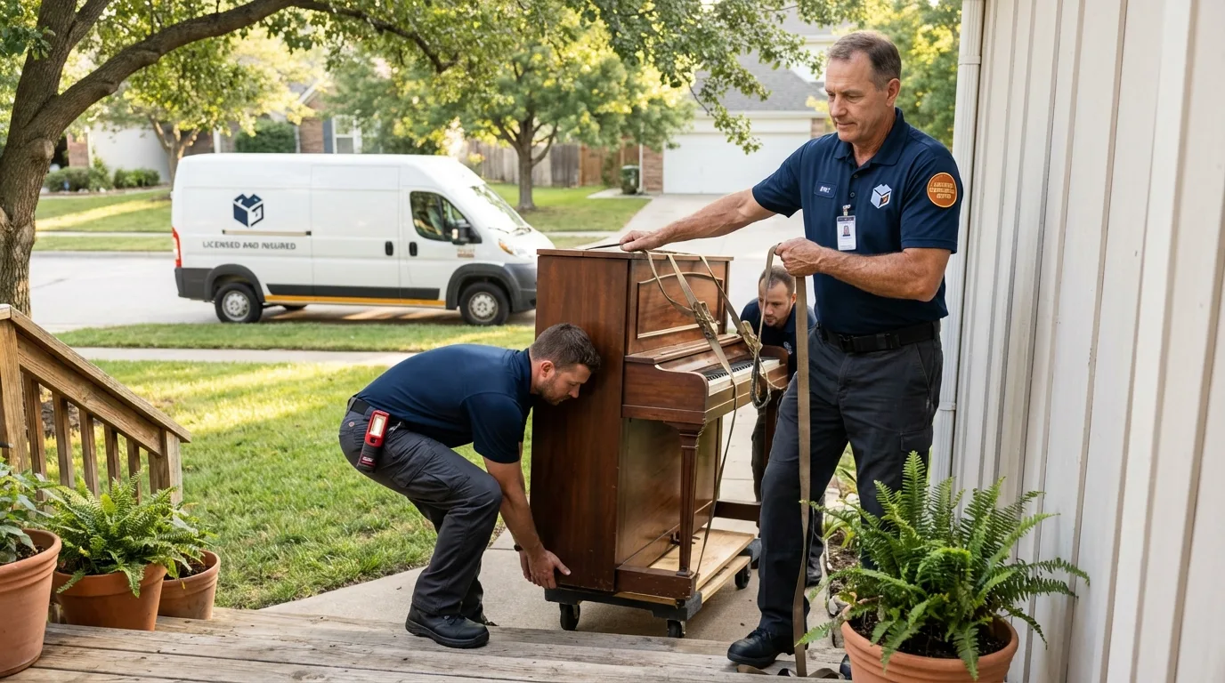 Licensed piano movers securing grand piano in Nutley, NJ